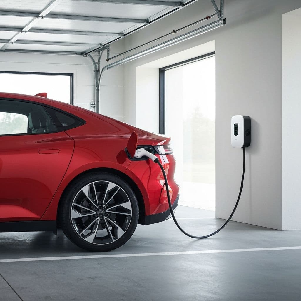Elektrofahrzeug lädt an einer Wallbox vor einem Haus